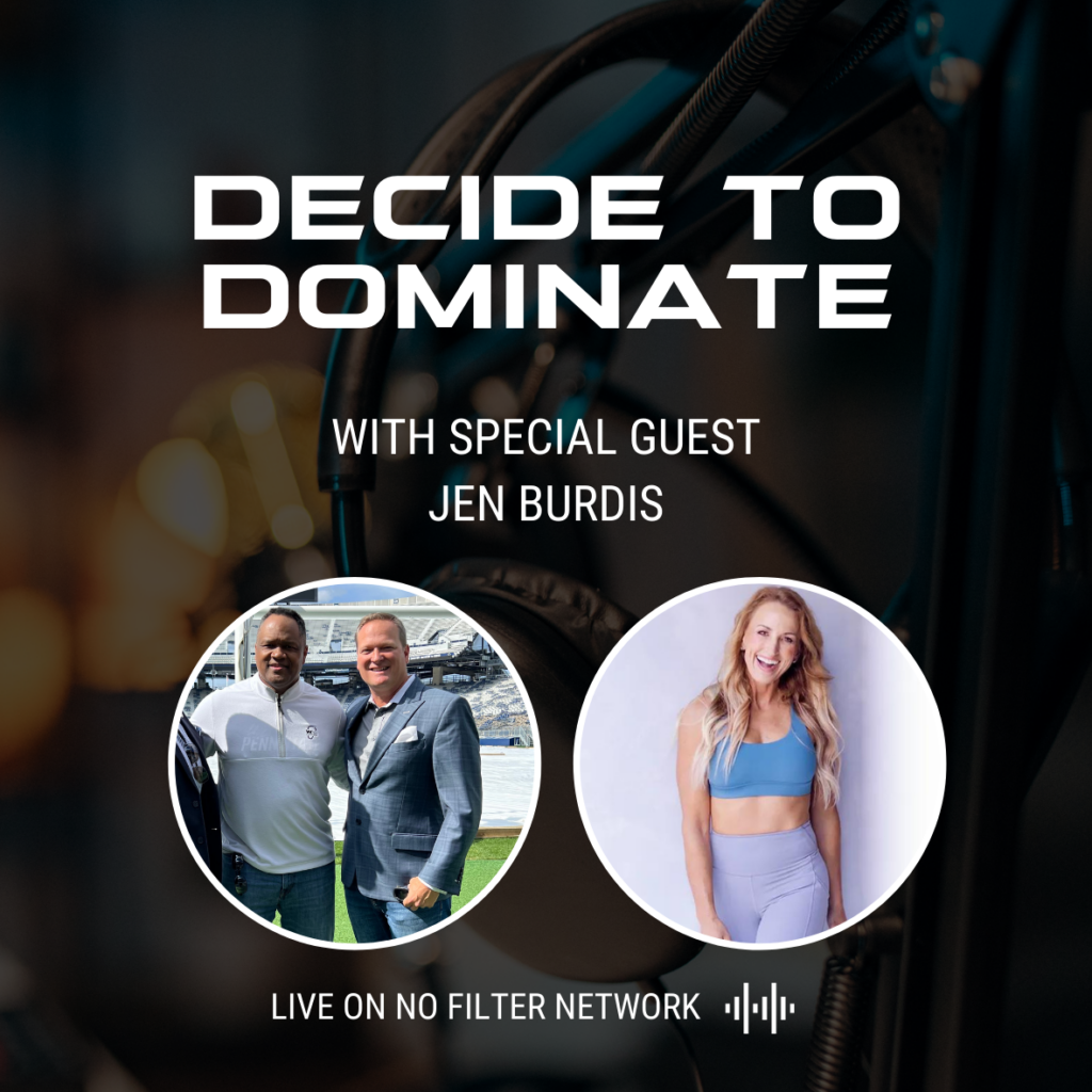 This week’s guest: Jen Burdis. Based on D.J. Dozier’s novel, “Decide to Dominate”, join us as we dive into the world of sports and business, leaving no topic unturned. Jen holds certifications as an NSCA personal trainer and Precision Nutrition nutrition coach, and boasts a remarkable athletic background as a 2-time American Ninja Warrior and former Penn State volleyball player. As a performance coach, speaker, and author of 